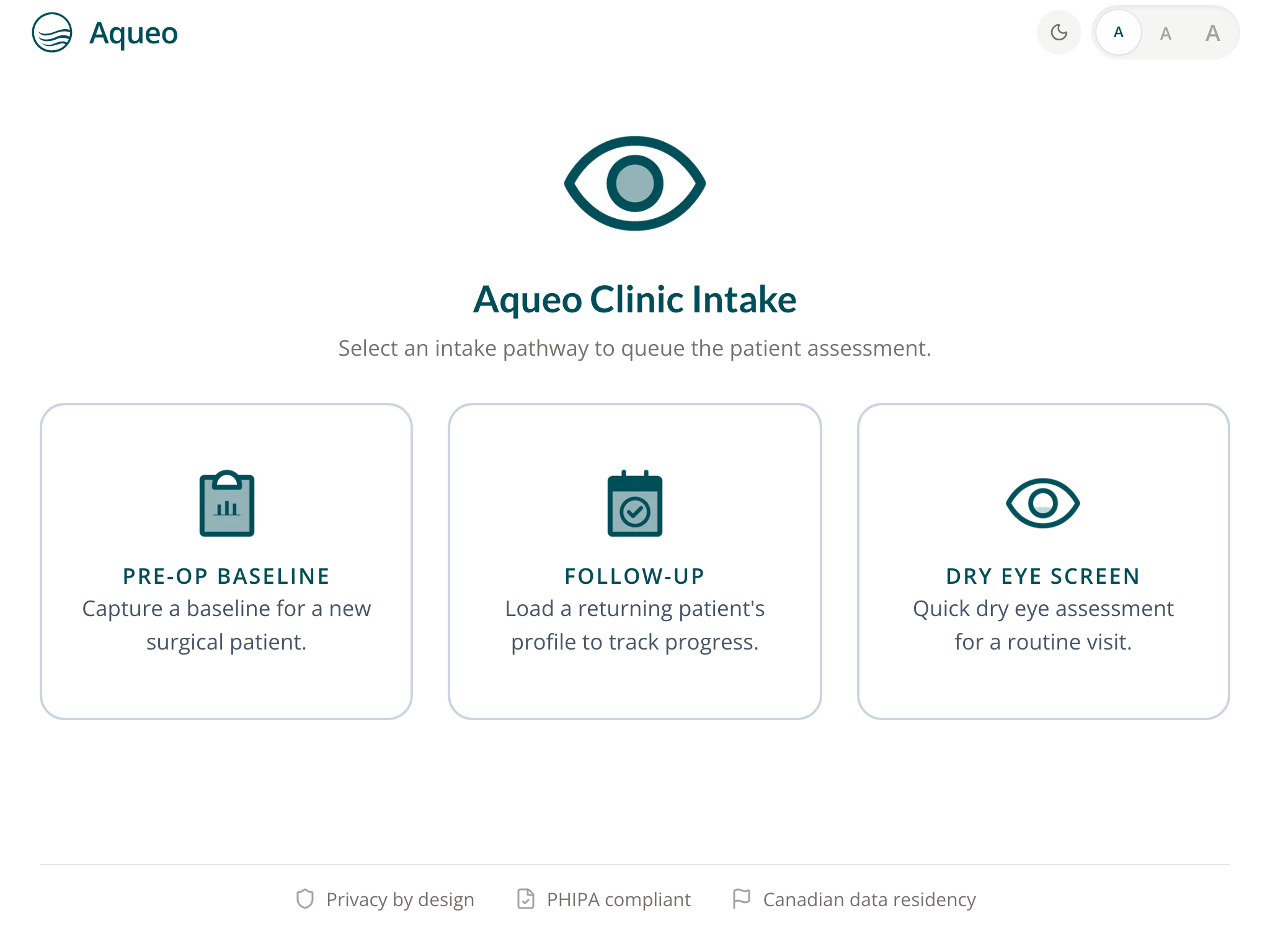 The Aqueo clinic intake screen on the in-clinic kiosk, showing the three intake pathways