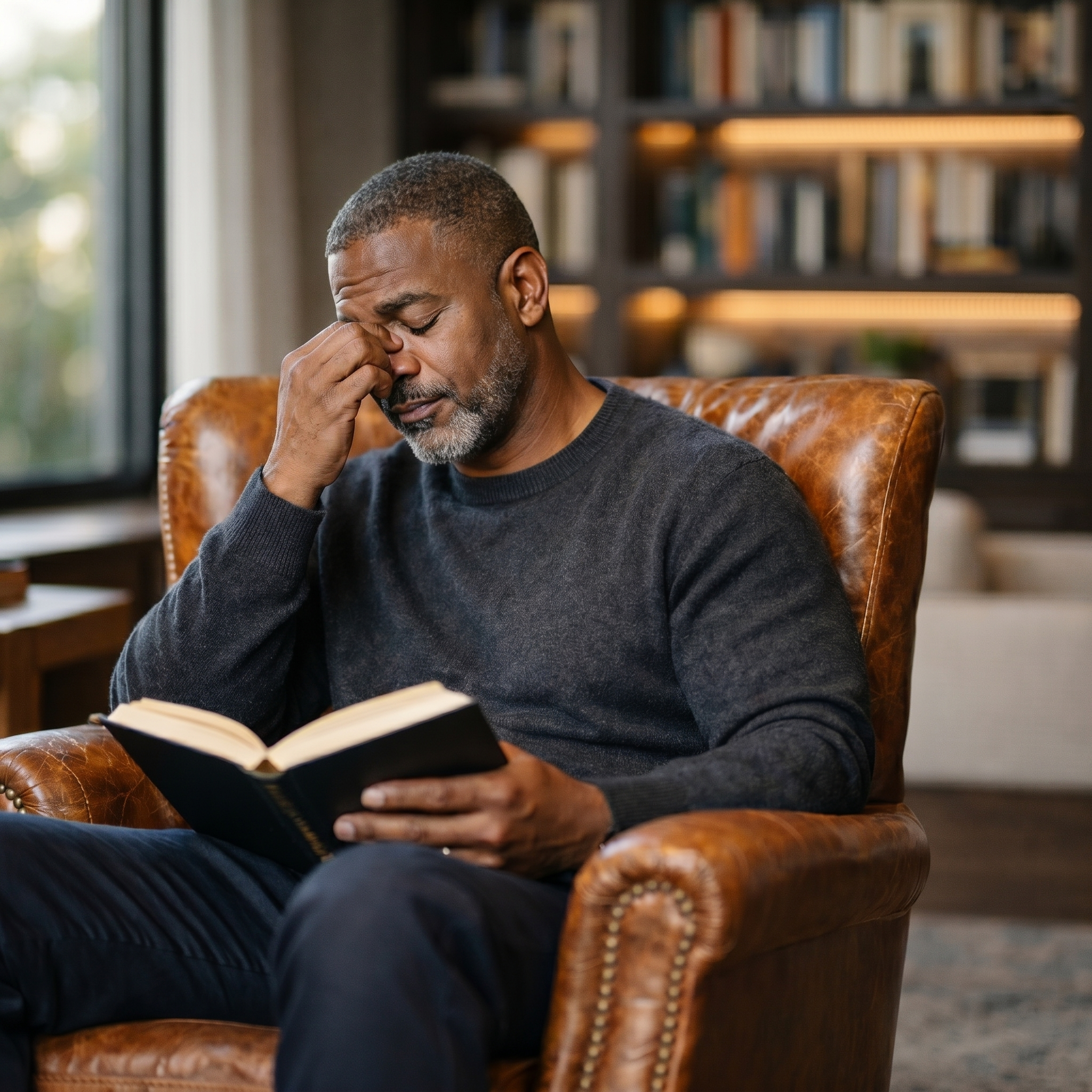 Man pausing from reading a book to rub his tired eyes