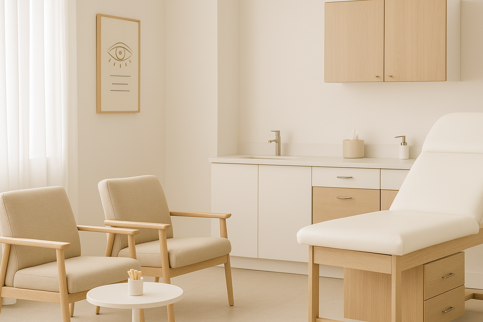 Bright, minimalist medical clinic interior with warm neutrals
